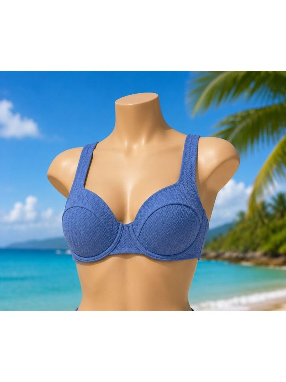 Shade & Shore 34D Blue Textured Jacquard Chevron-Print Bikini Top NEW Molded cup